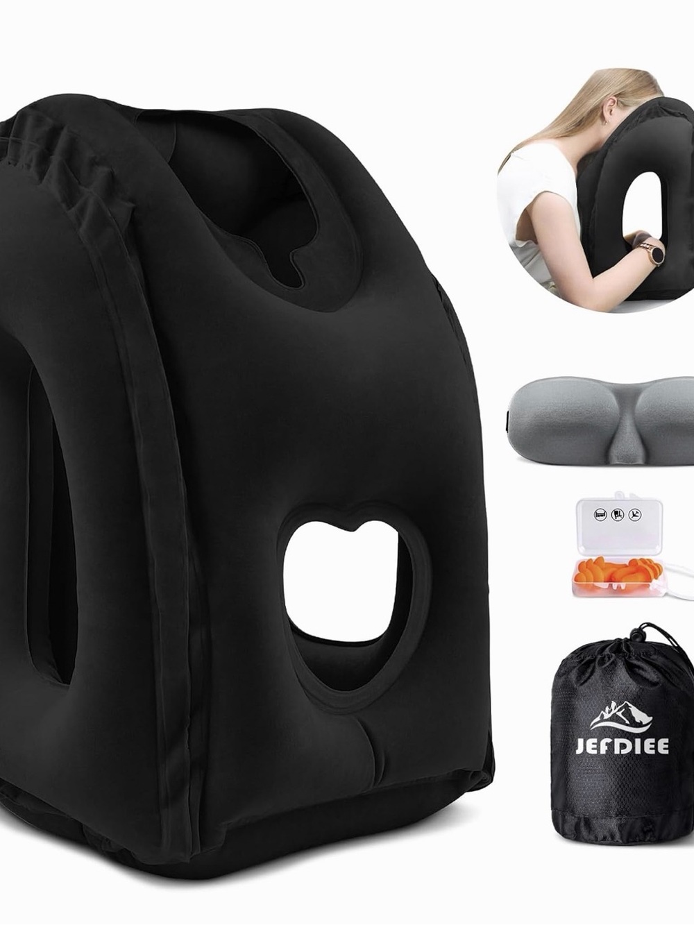 Black Inflatable Face-Down Travel Pillow with Carry Bag